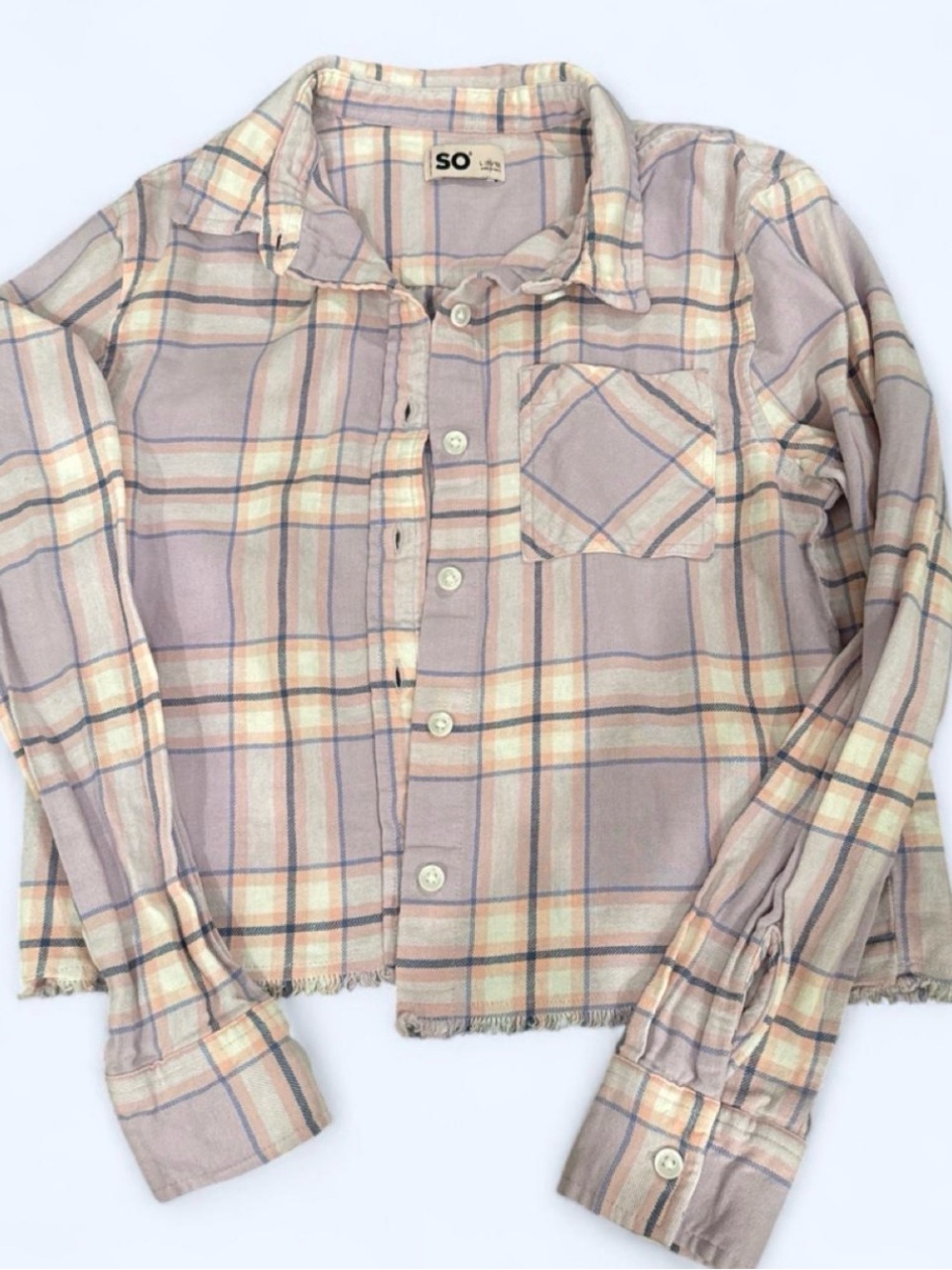 SO Girls' Pastel Plaid Button-Down Shirt - Lavender & Cream